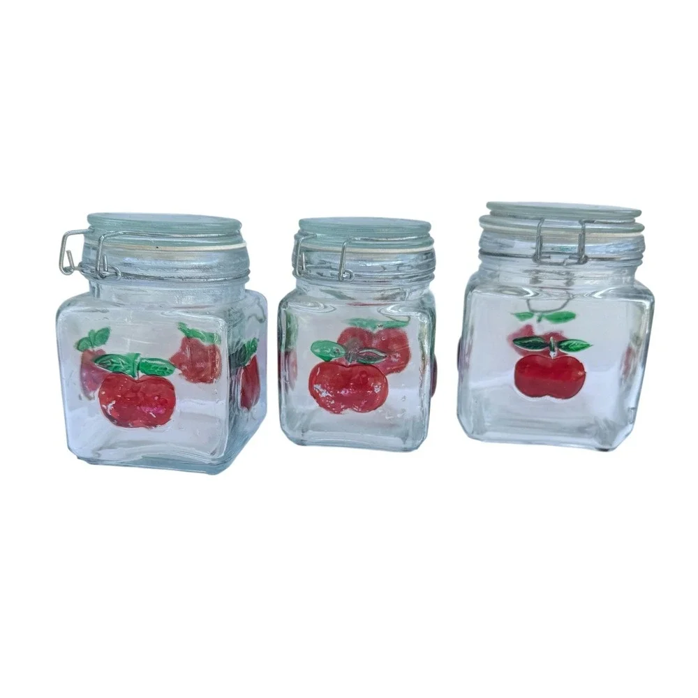 Red Apple Glass Canister Set of 3 Square Jars Vintage Locking Lids Farmhouse